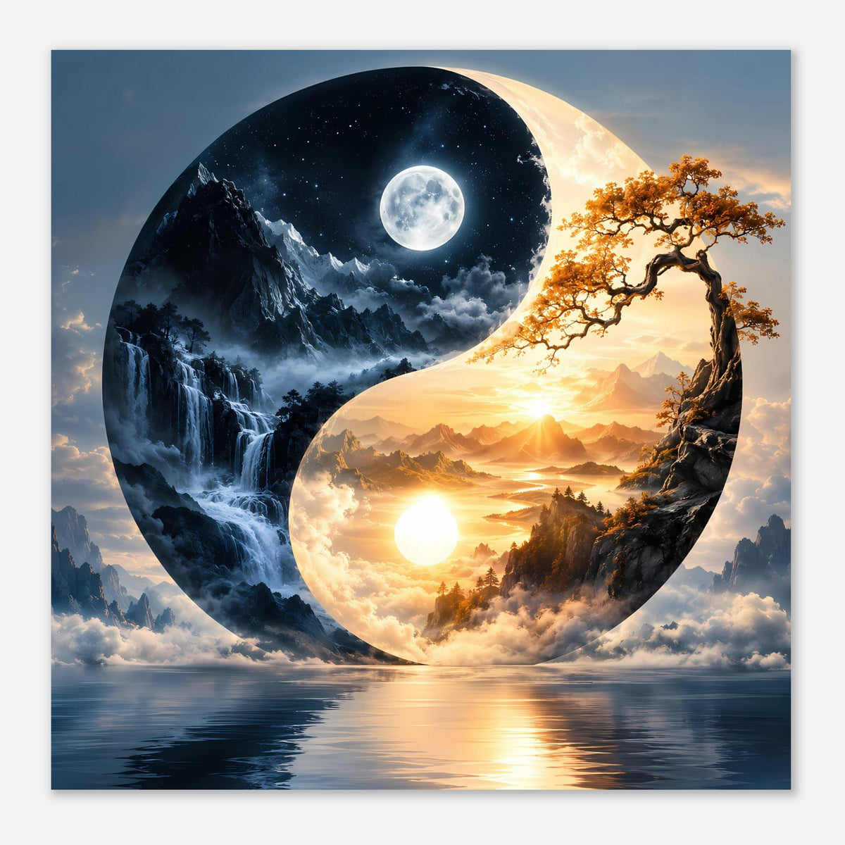 Poster im Rahmen mit Yin-Yang-Szene: Mond, Sonne, Baum und Bergpanorama