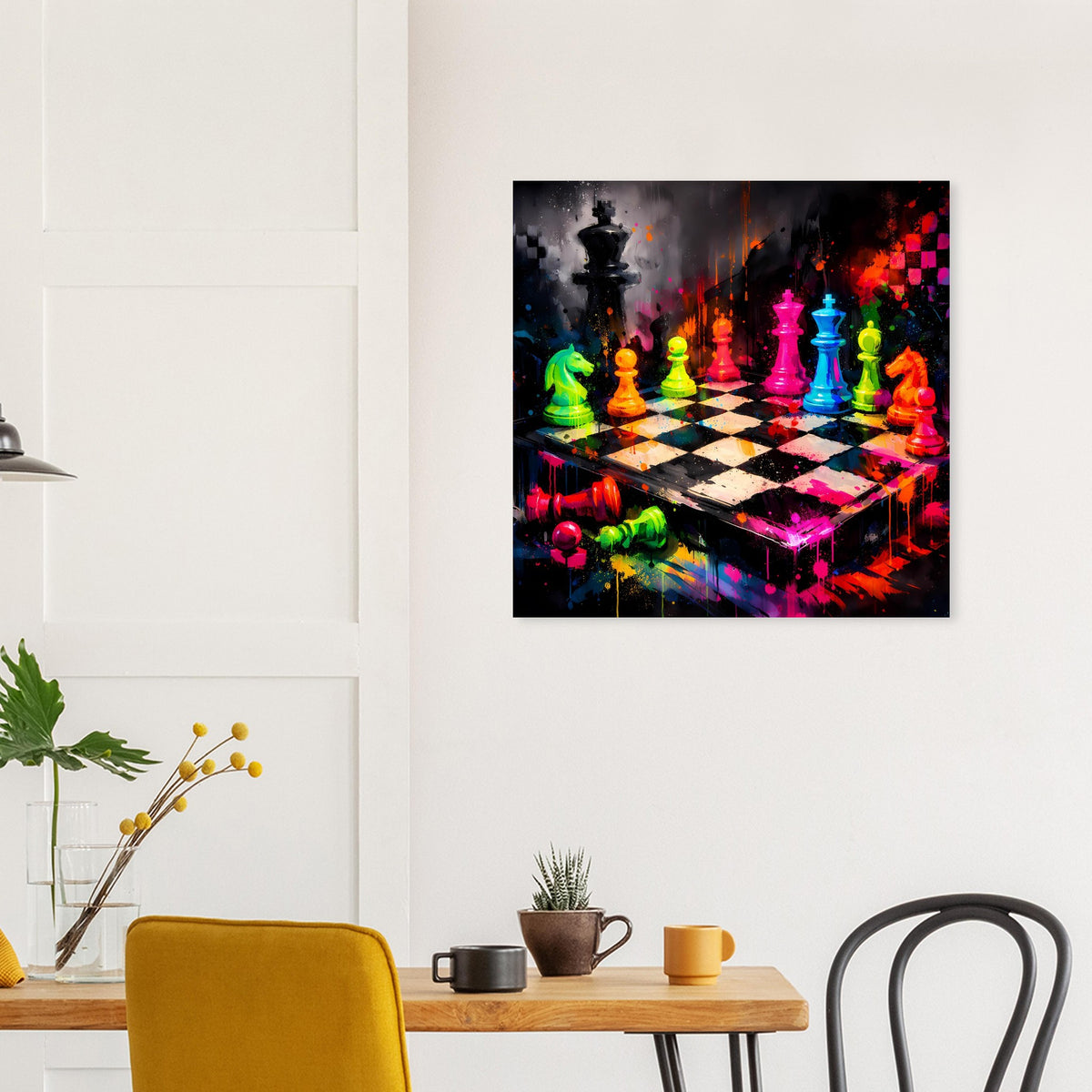 Schachposter mit bunten Neon-Schachfiguren und Farbakzenten, im schwarzen Rahmen.