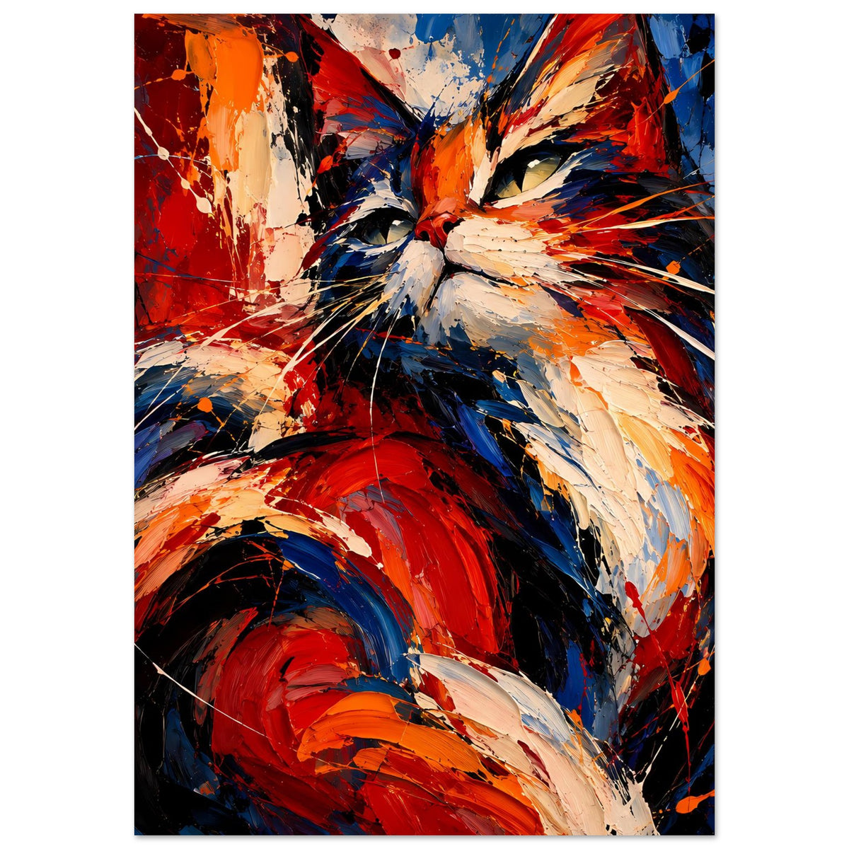 Hochformatiges Katzenposter mit abstrakten Pinselstrichen in Rot, Blau, Orange und Beige