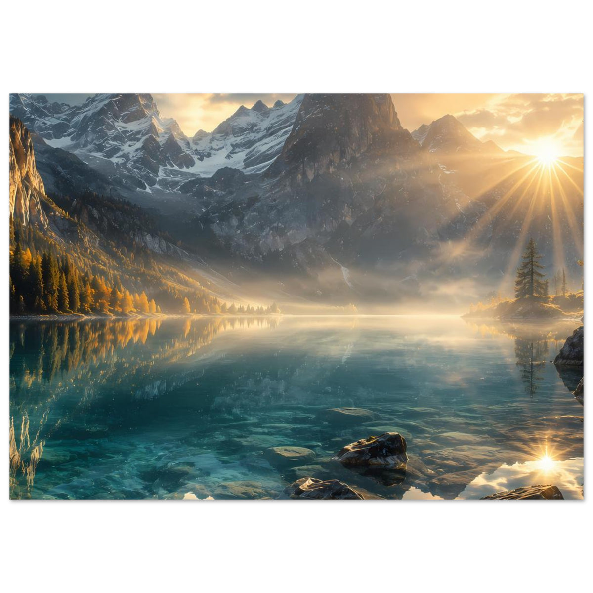 Horizontales Wandposter mit Bergsee, Felsen im Vordergrund und Sonnenstrahlen rechts oben