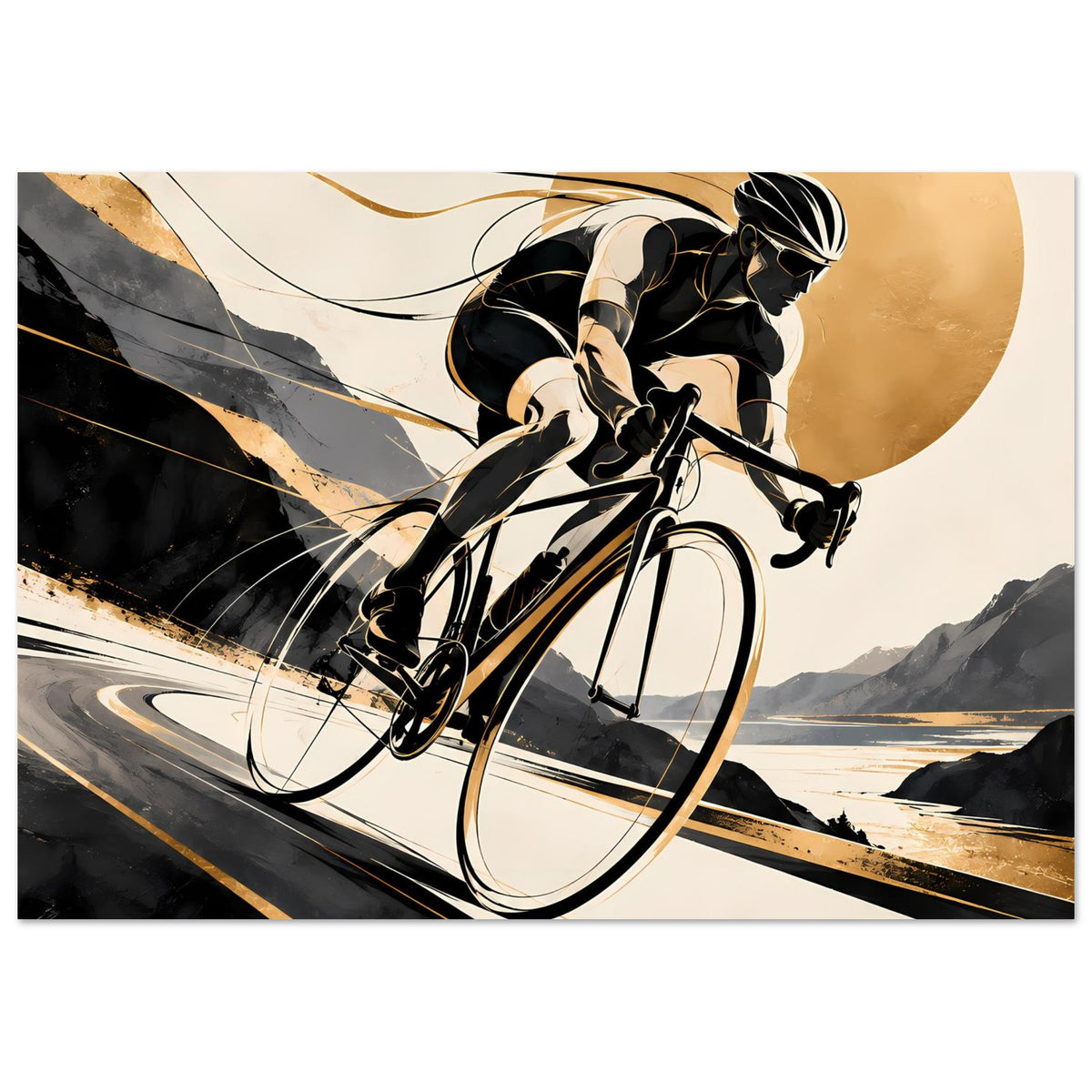 Sportposter im Querformat: Radfahrer auf Rennrad, schwarz-goldene Darstellung mit geschwungenen Linien