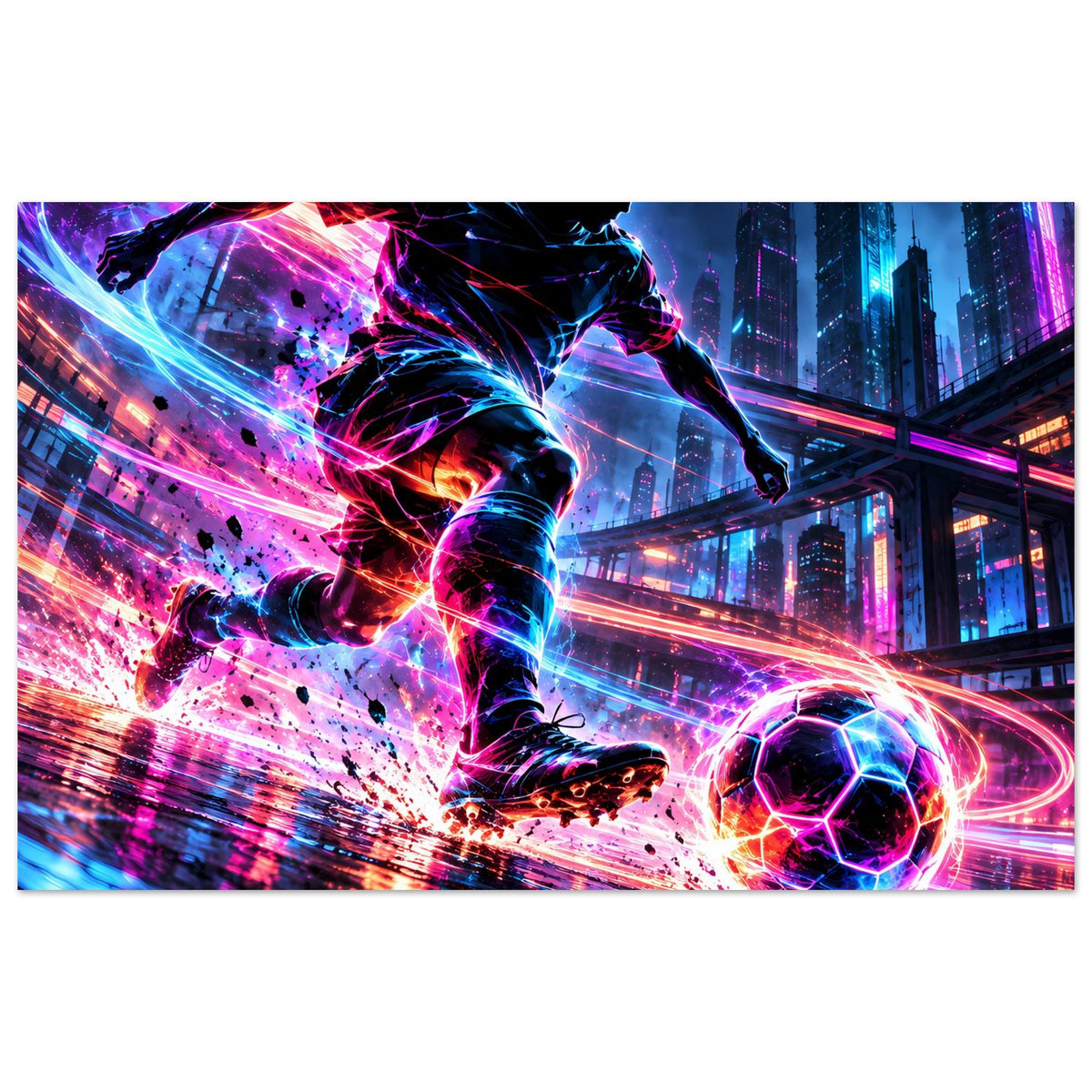 Neon-Fußball-Actionposter mit springendem Spieler, leuchtendem Ball und futuristischem City-Design