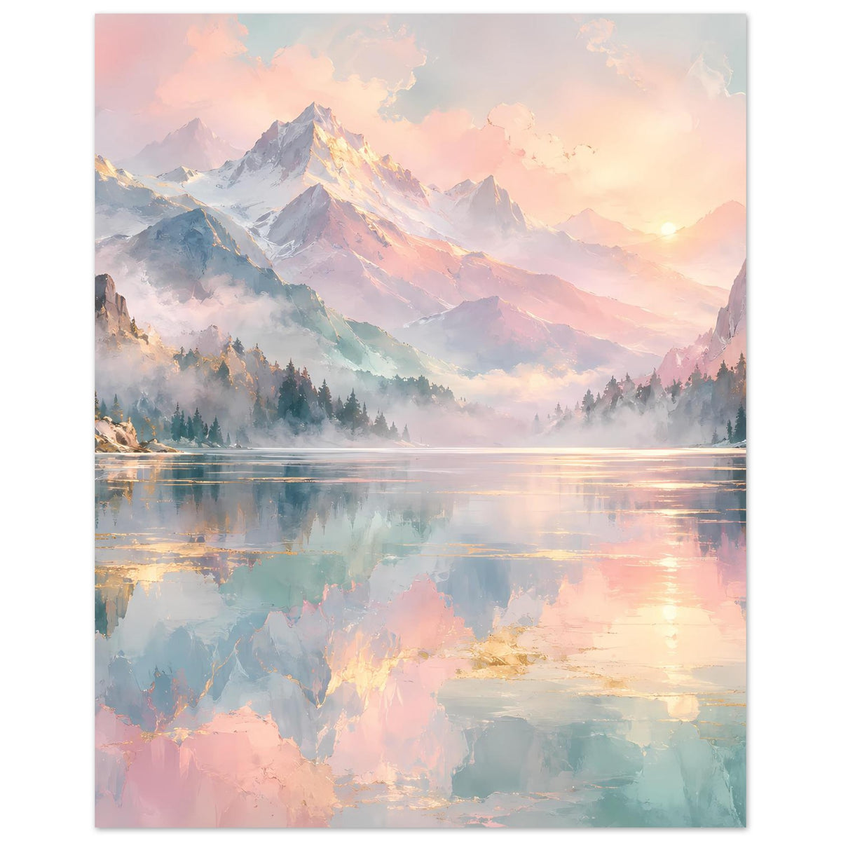 Poster im Hochformat mit Berggipfeln, Dunst über dem Wald und See-Reflexion