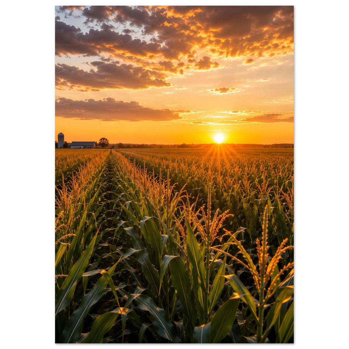 Hochformat-Poster: Maisfeld im Vordergrund, goldene Sonne am Horizont