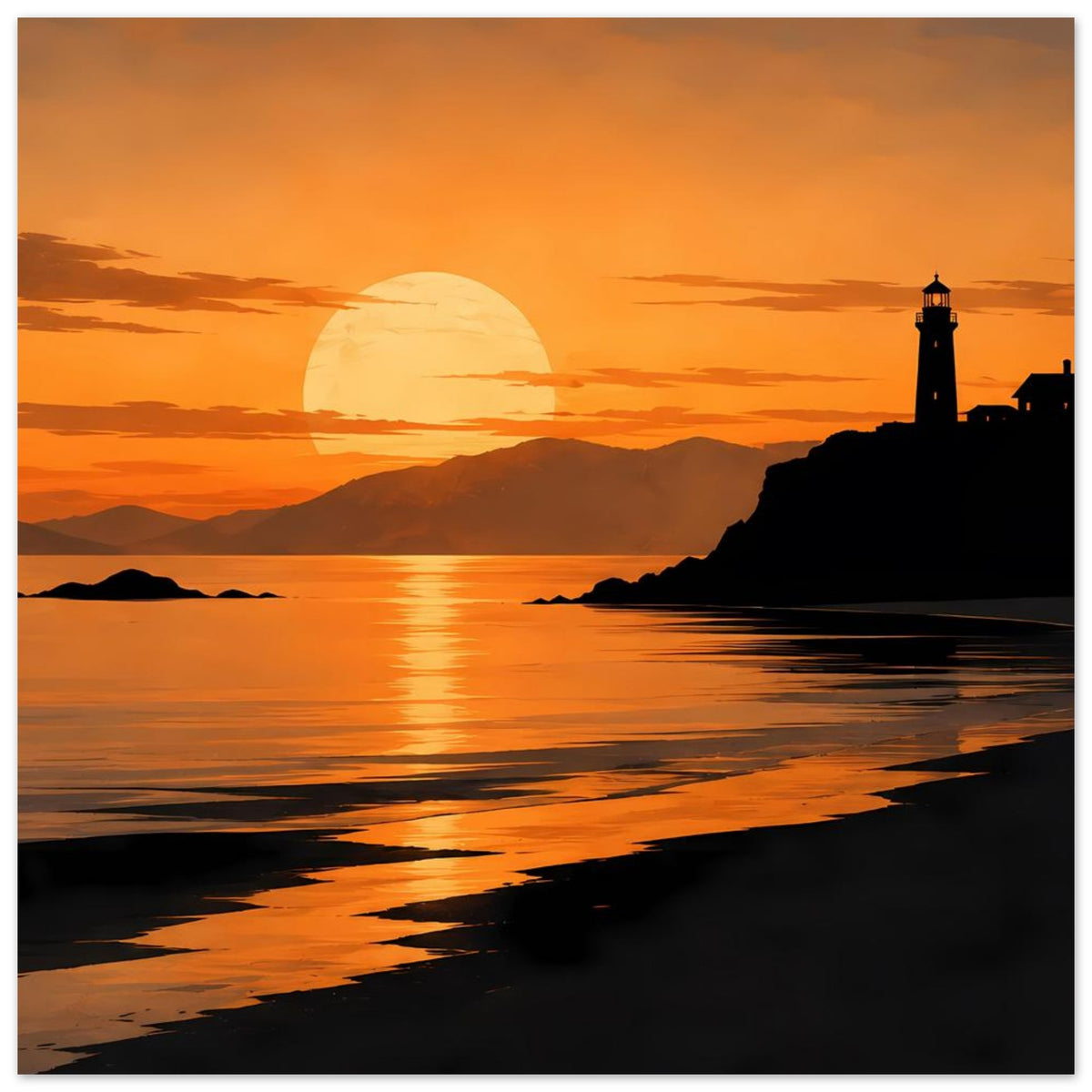 Küstenposter mit Sonnenuntergang am Meer, Leuchtturm rechts und reflektierender Strandpromenade