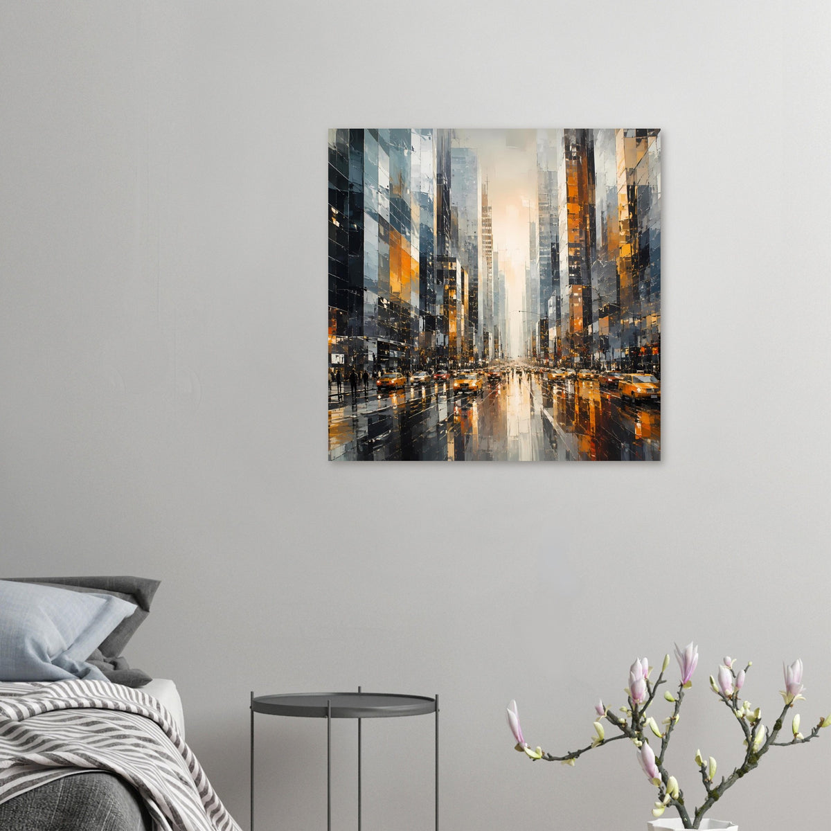 Wandposter mit nächtlicher Innenstadtstraße, Hochhäusern und gelben Taxis