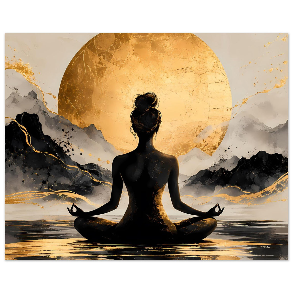 Meditatives Poster: Meditationsfigur in Schwarz, goldener Sonnenkreis und Berge