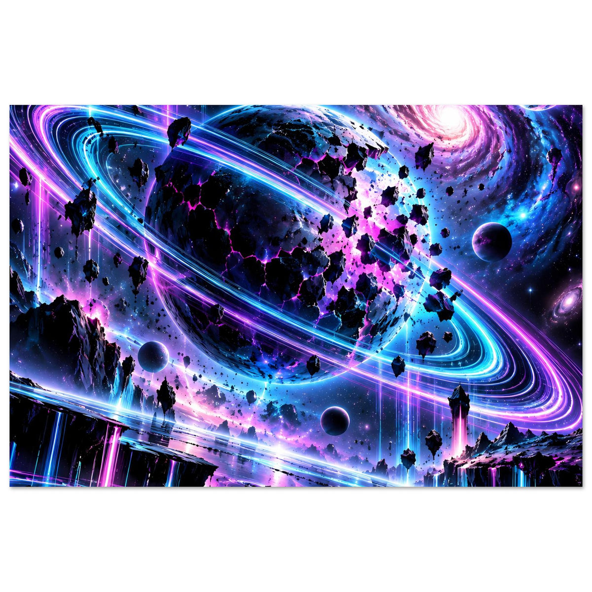 Neon-Galaxie-Poster im Querformat mit violett-blauen Lichtbahnen, Planeten und Silhouetten