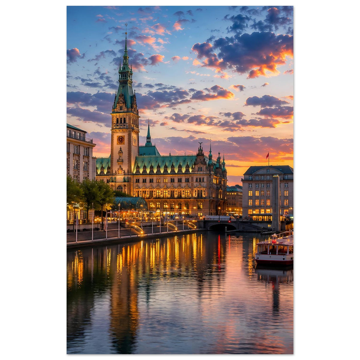 Stadtansichten-Plakat mit Turm im Zentrum, Wasserfläche und Sonnenuntergangswolken