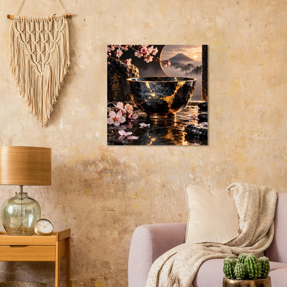 Wandposter mit schwarzer Schale, goldenen Kintsugi-Spalten, Kirschblüten und Berglandschaft