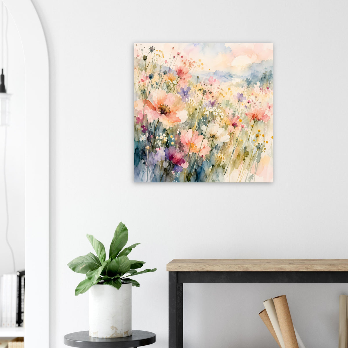 Quadratisches Poster mit Aquarell-Wildblumen in Rosa-, Blau- und Gelbtönen