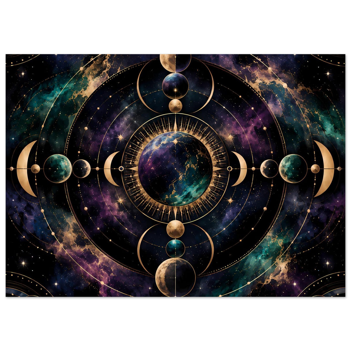 Poster mit kosmischem Mondphasen-Mandala, dunkler Farbverlauf, goldene Kreise, Mondsymbole