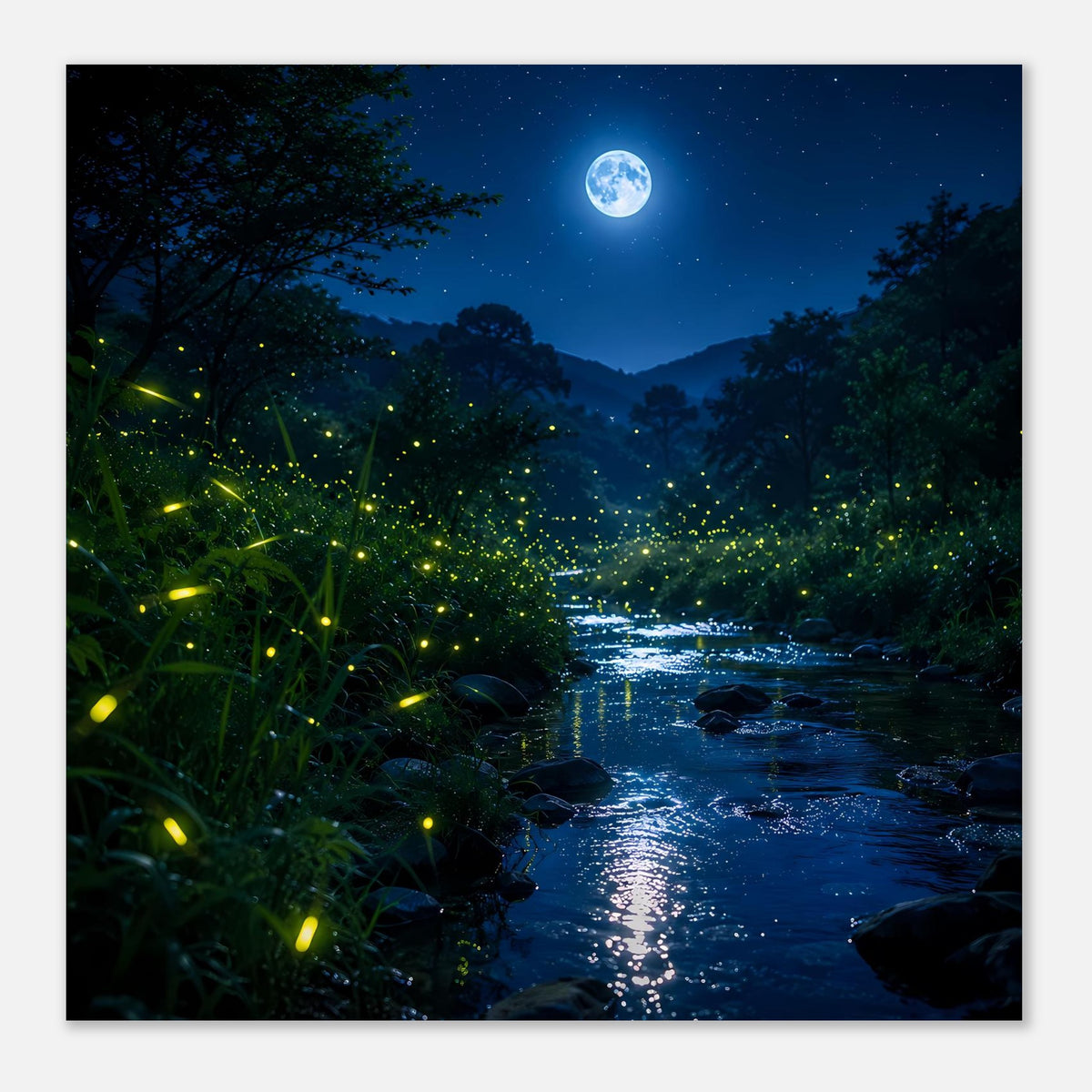 Quadratisches Poster mit Fluss bei Nacht, Glühwürmchen am Ufer und Mond im Blick, matt