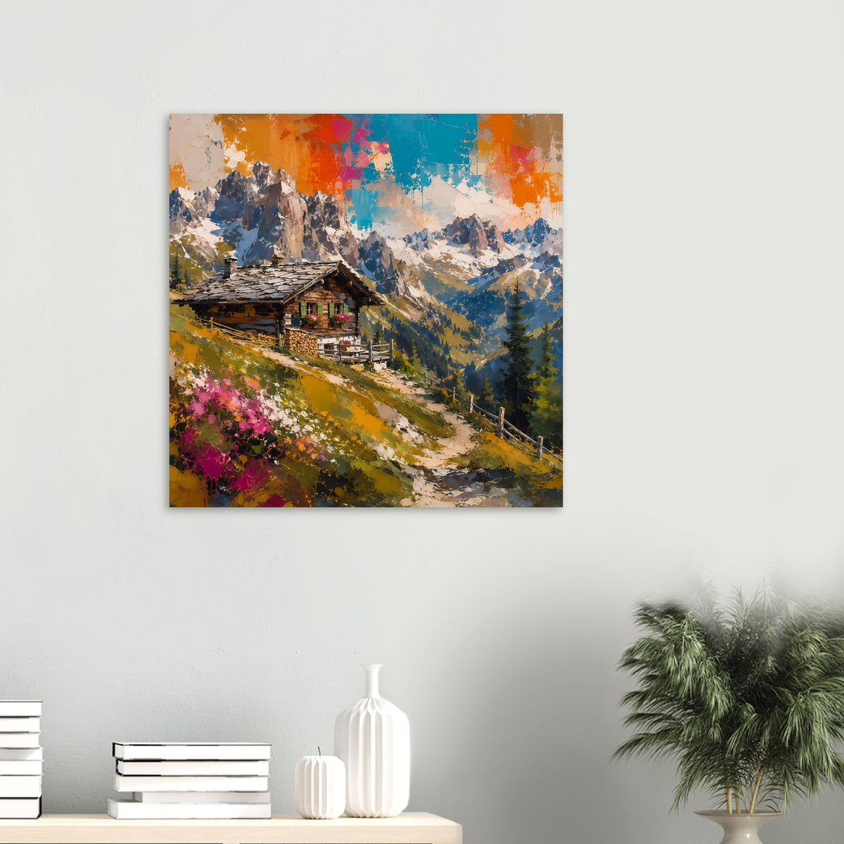 Quadratisches Poster mit buntem Bergtal, Hütte und abstraktem Himmel