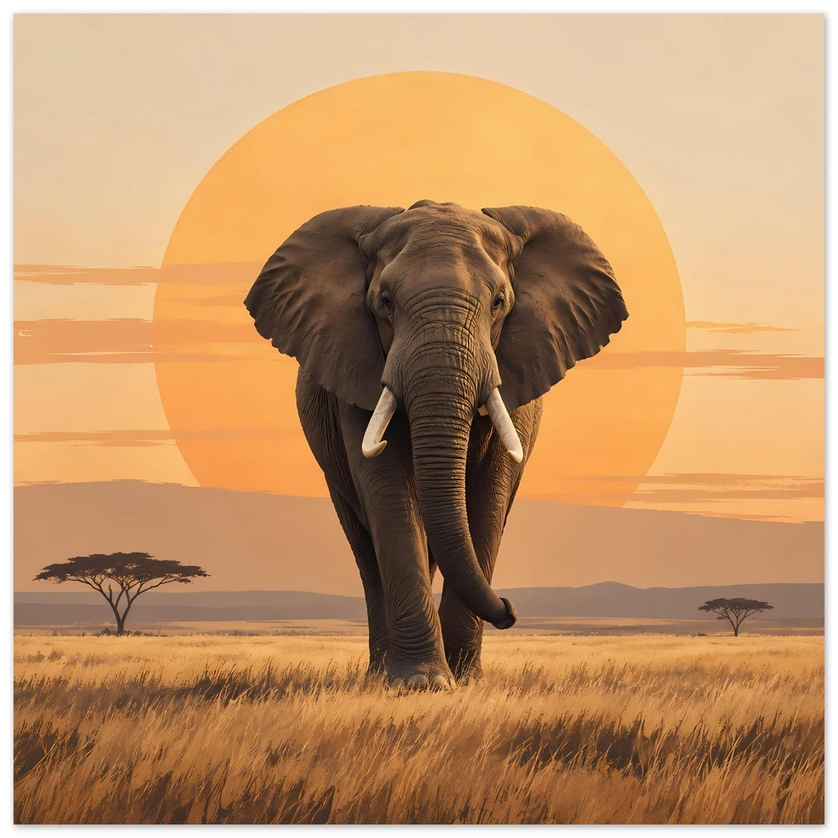 Poster mit Elefant im Sonnenuntergang, brauner Elefant in einer Savannenlandschaft