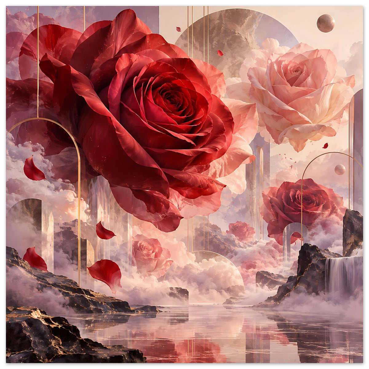 Surreales Rosenposter mit roten und roséfarbenen Rosen über Wasser und Wolken
