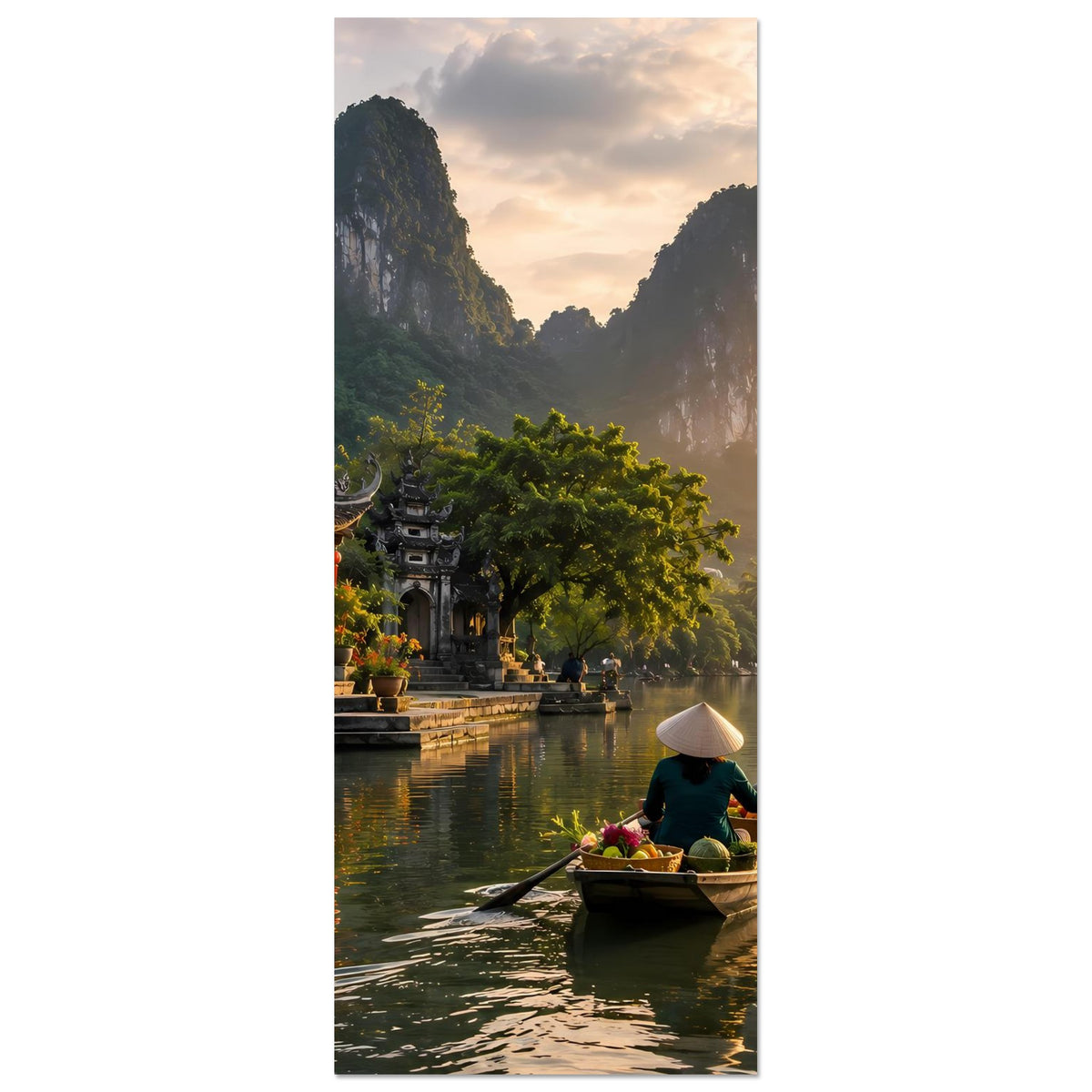 Hochformat-Poster mit Fluss und Abendsonne, Ruderboot mit Blumen und Tempel am Rand.