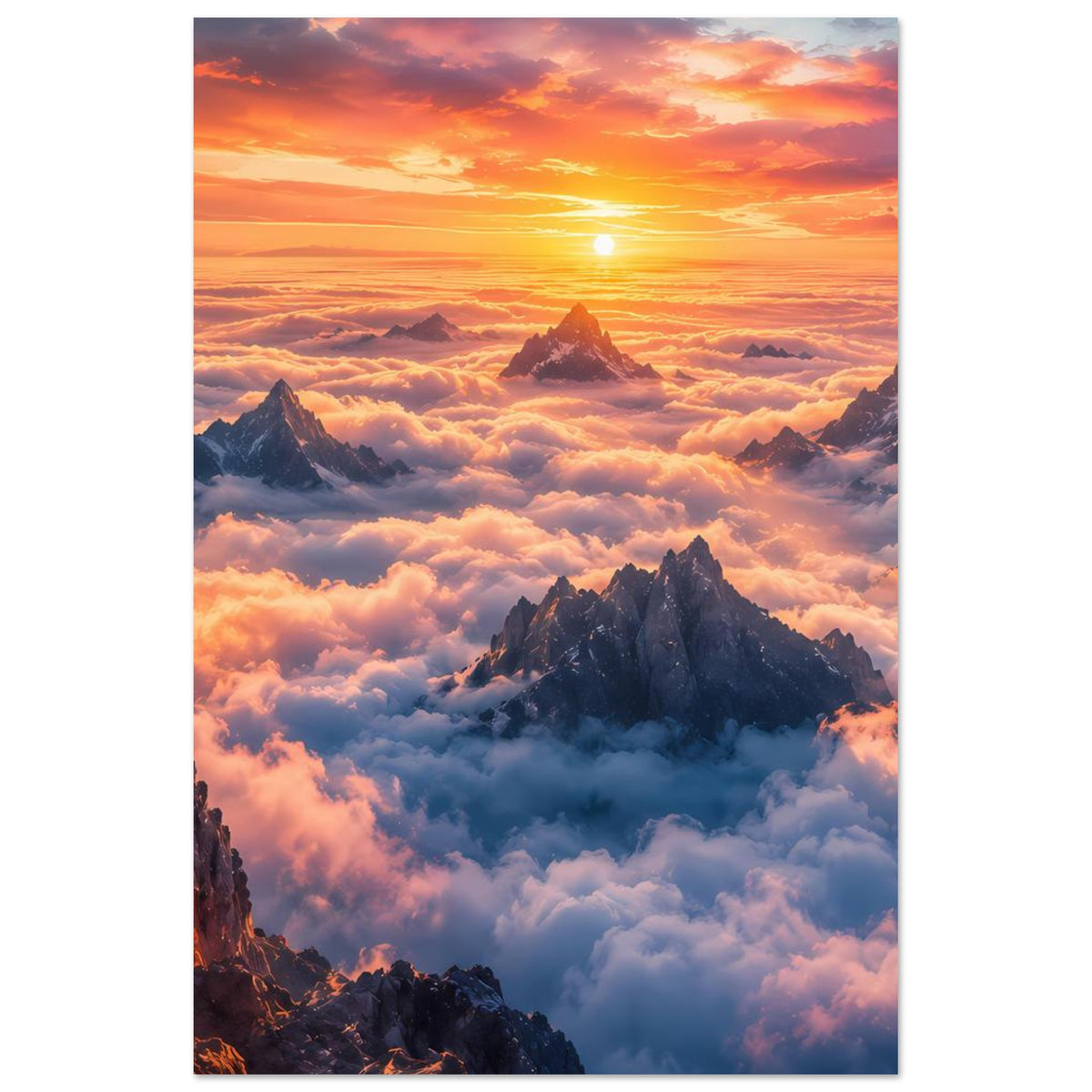 Poster im Hochformat mit goldener Sonne am Horizont und Berggipfeln über Wolken
