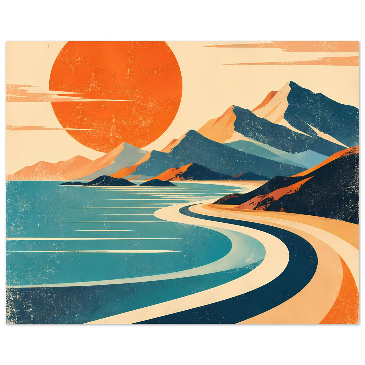 Vintage-Poster: orange Sonne, blaue Bergkette, tealfarbenes Meer und geschwungene Uferlinie