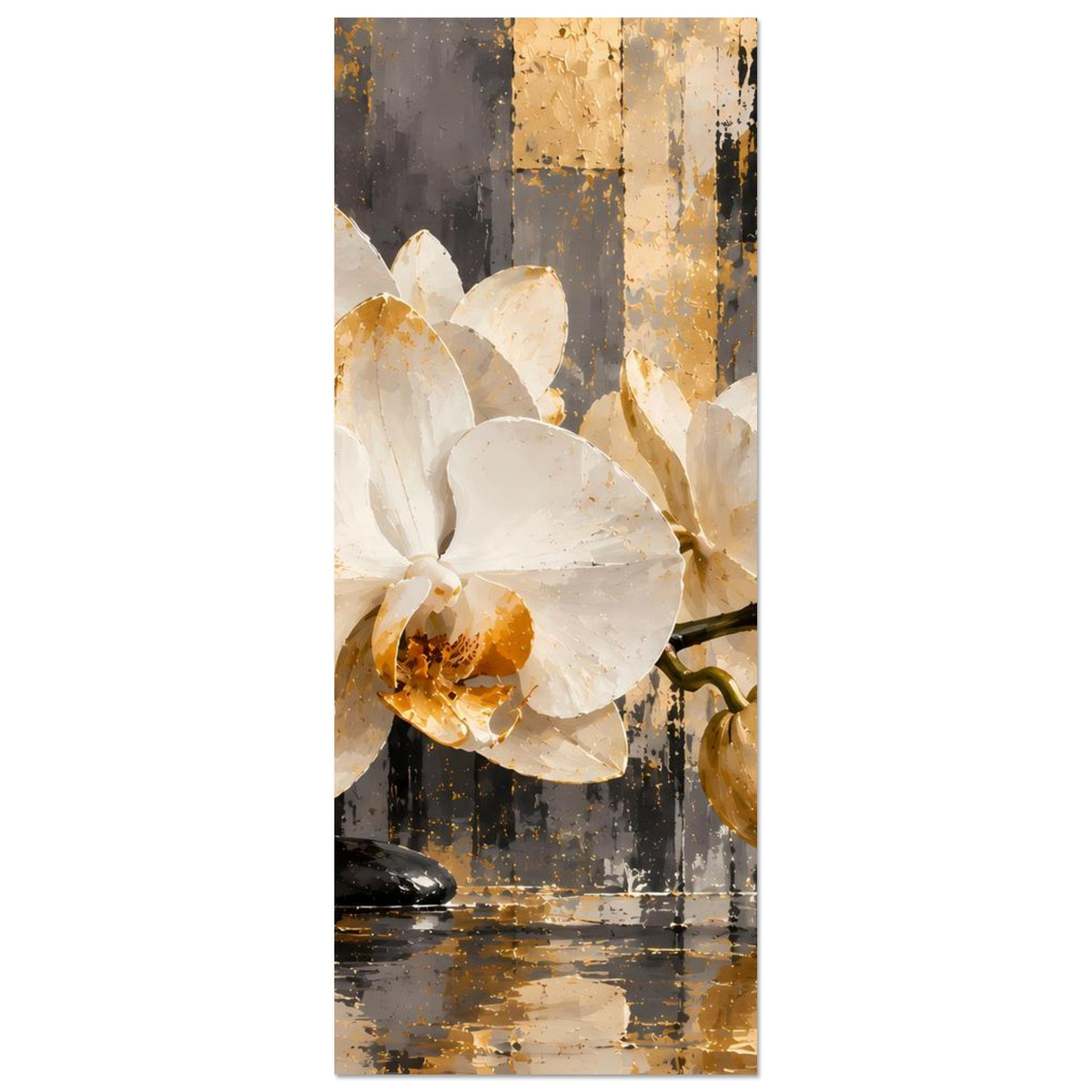 Orchideenposter im Hochformat: weiße Orchideenblüten, goldbraune Struktur und Steinmotiv unten