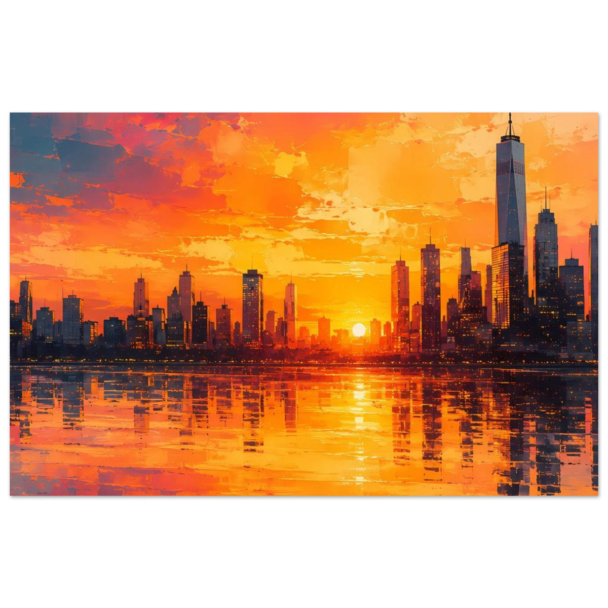 Großstadt-Skyline-Poster im Sonnenuntergang, Spiegelung im Wasser, beleuchtete Gebäude