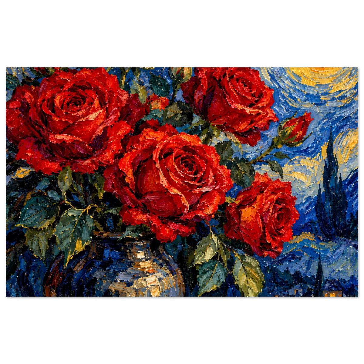 Poster mit rotem Rosenbouquet in blauem Nachtmotiv, im Querformat