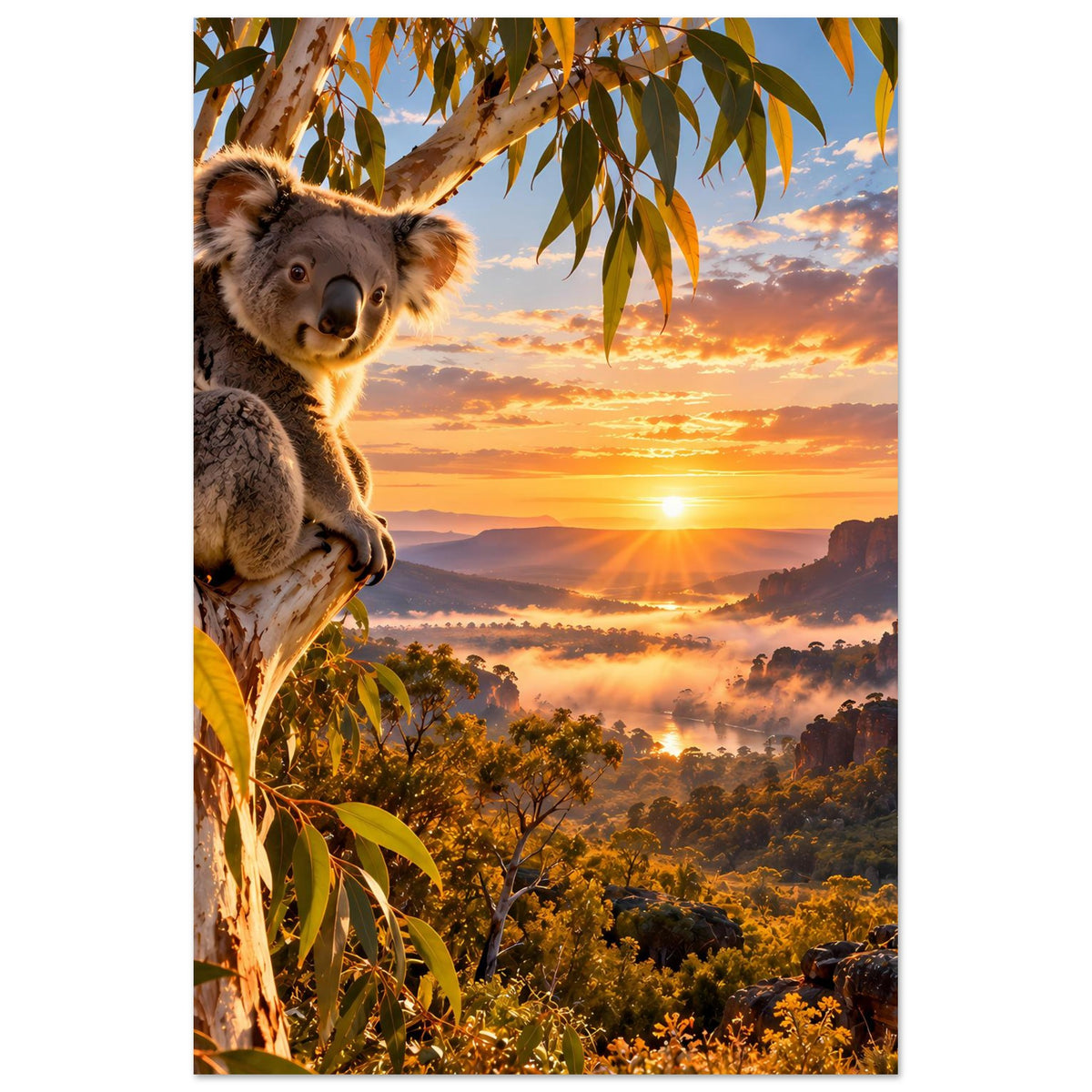 Koala-Sonnenuntergangs-Poster mit Koala auf Ast und warmem Himmel über Waldlandschaft