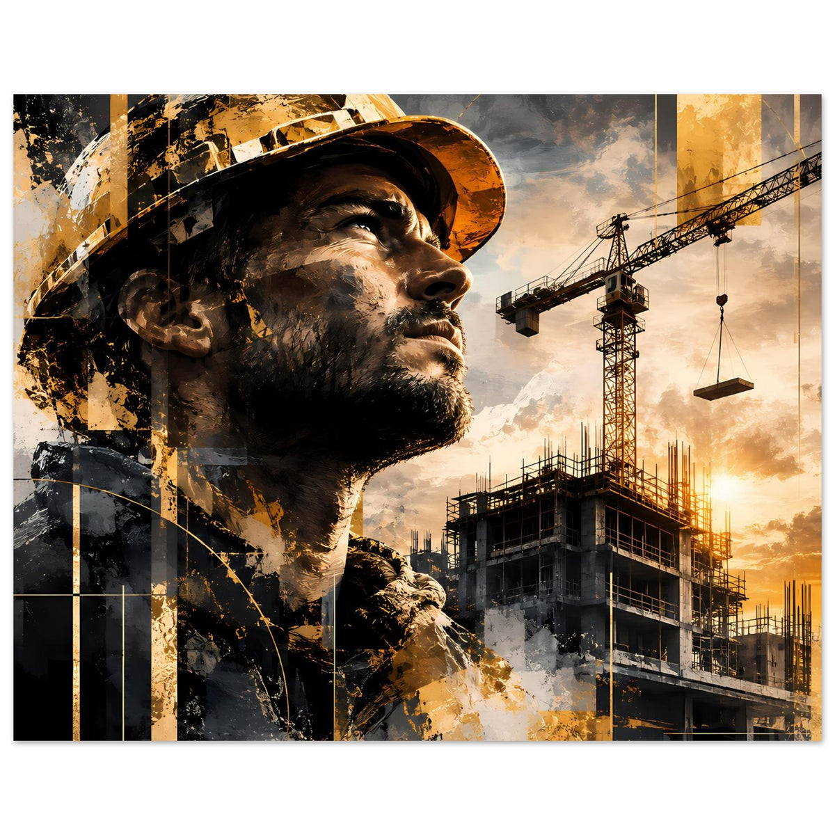 Poster: Bauarbeiterporträt mit Schutzhelm, Gold-Grau-Design und Baukränen im Hintergrund