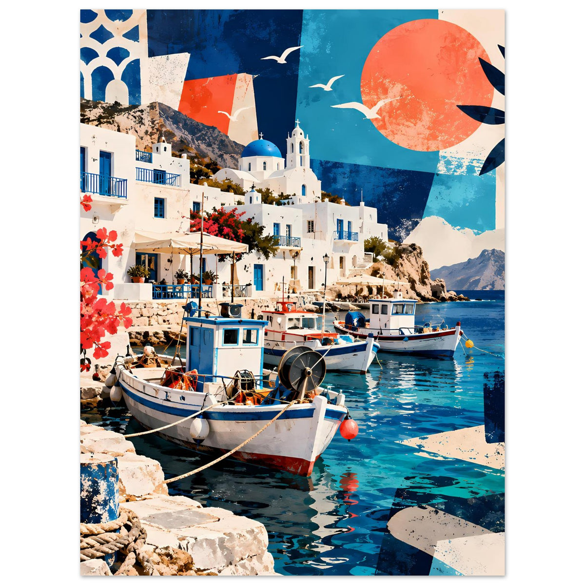 Poster, vertikal: mediterrane Bucht mit Booten, Häusern und roten Blüten