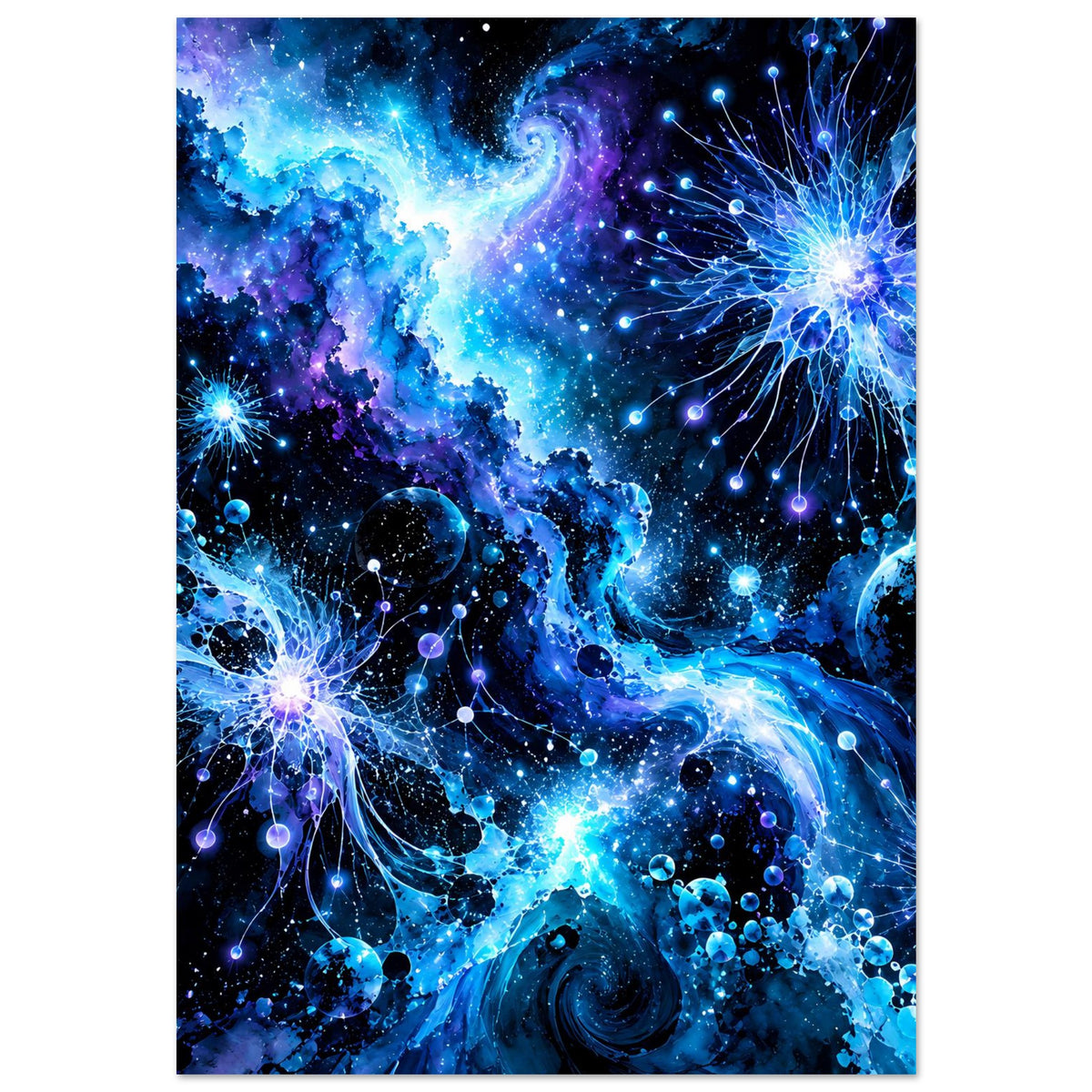 Leuchtendes galaktisches Poster: violett-blauer Weltraum mit Sternen, Nebel und Planeten