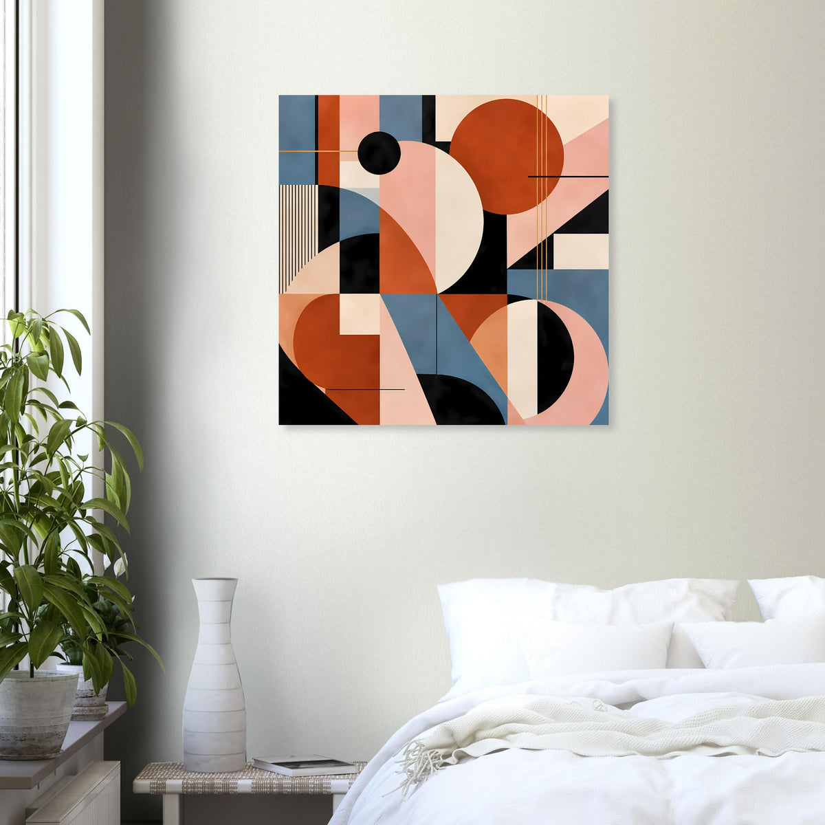 Abstrakter geometrischer Kunstposter in Terrakotta-, Blau- und Blush-Tönen an der Wand