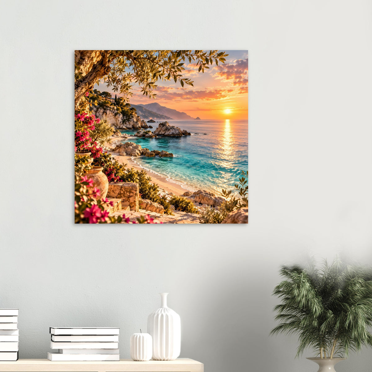 Strandposter in kleiner Größe über Kommode: Sonnenuntergang, türkisfarbenes Meer und Felsen