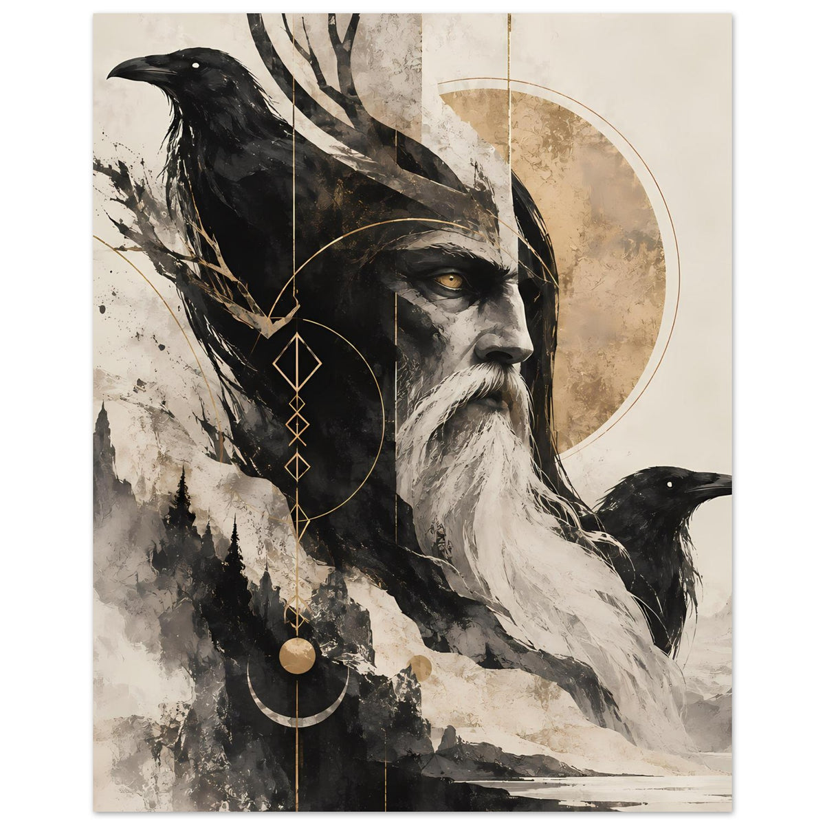 Kunstposter: Gesicht eines weisen Mannes mit Rabe, dunkler Hut und goldene Symbole