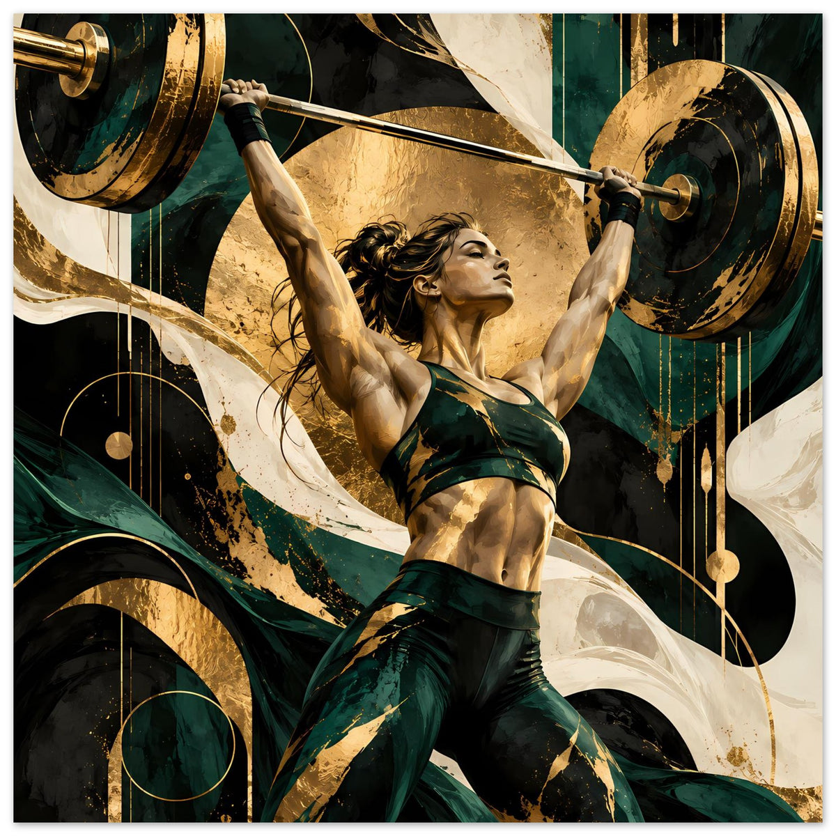 Großformatiges Poster: Frau hebt die Hantelstange über Kopf; gold, dunkelgrün und schwarze Kontraste.
