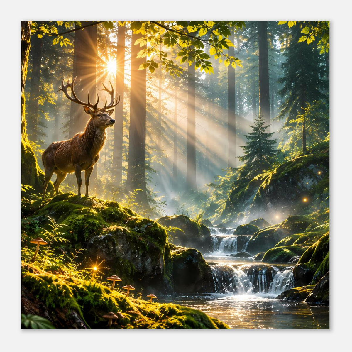 Poster mit Hirsch am Waldrand, Sonnenlicht zwischen Baumstämmen, Wasserfall im Vordergrund