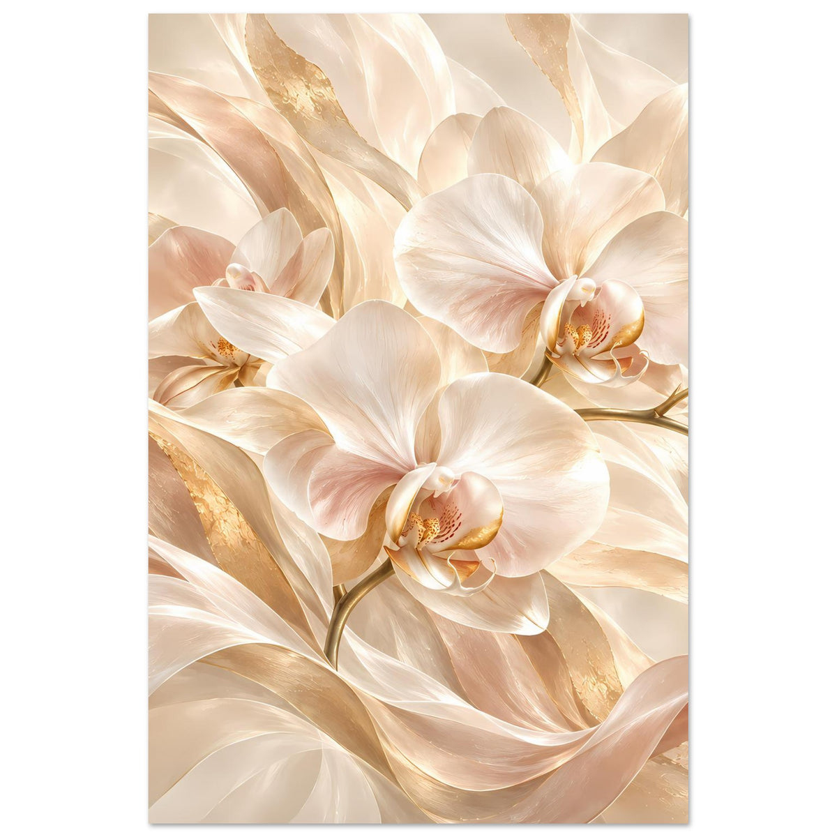 Orchideenposter vertikal: weiße Orchideenblüten mit goldenen Akzenten in Creme-Tönen