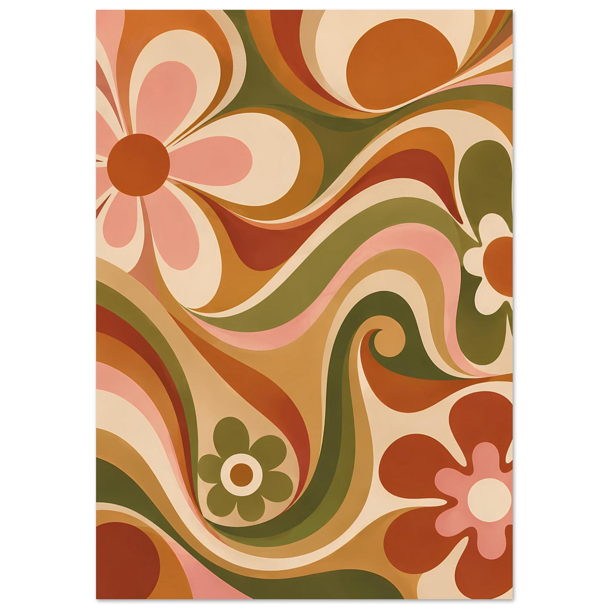 Poster im Hochformat mit floralen Wirbeln in Olivgrün und Orange, rechteckiger Rand.