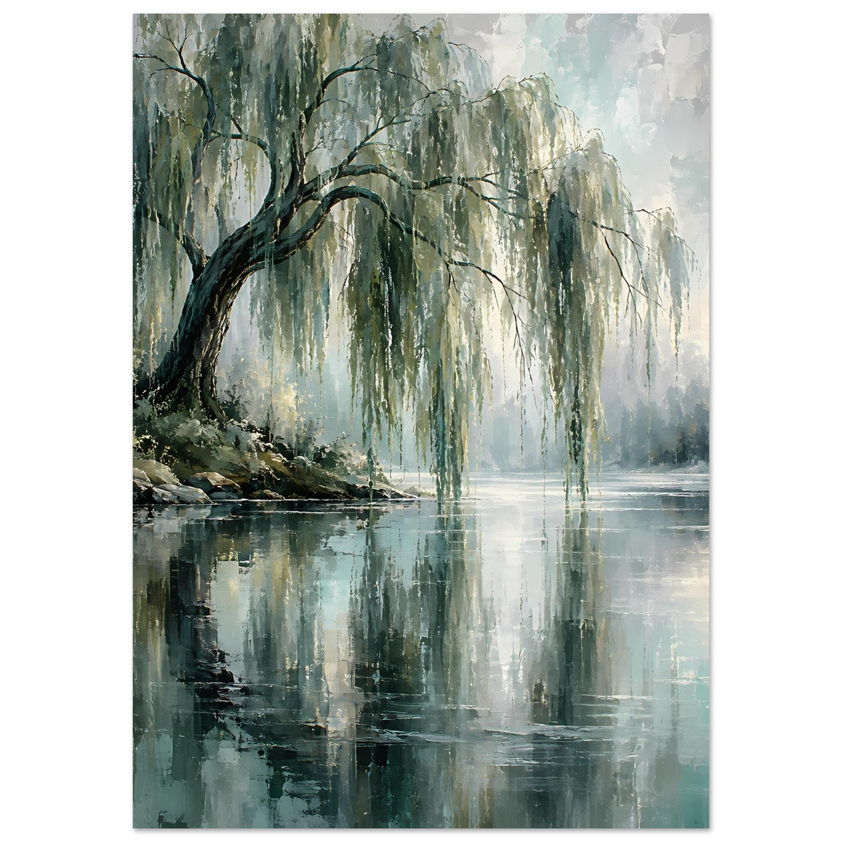 Hochformat-Poster mit Weiden am Ufer und reflektiertem Himmel