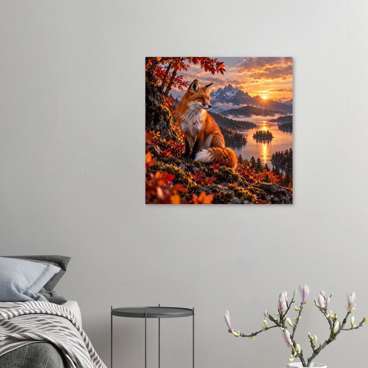 Kleines Poster mit Fuchs im Herbst: orange Blätter, Berge und See bei Sonnenuntergang
