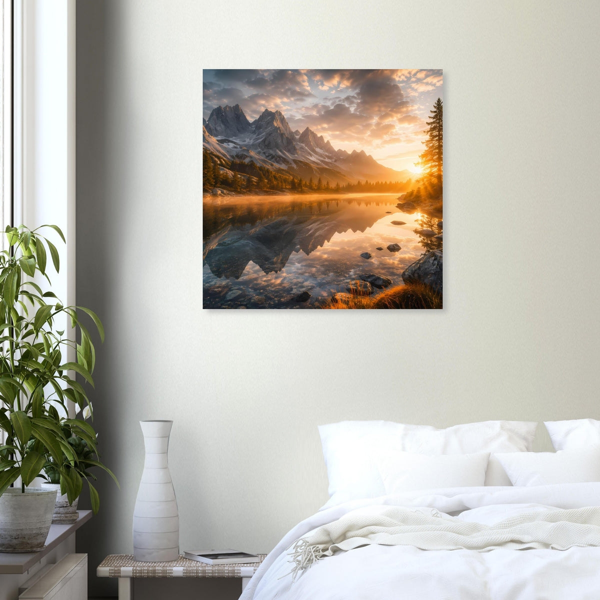 Gerahmtes quadratisches Poster mit Bergsee, Sonnenstrahlen am Ufer und Felsen, stimmige Farben