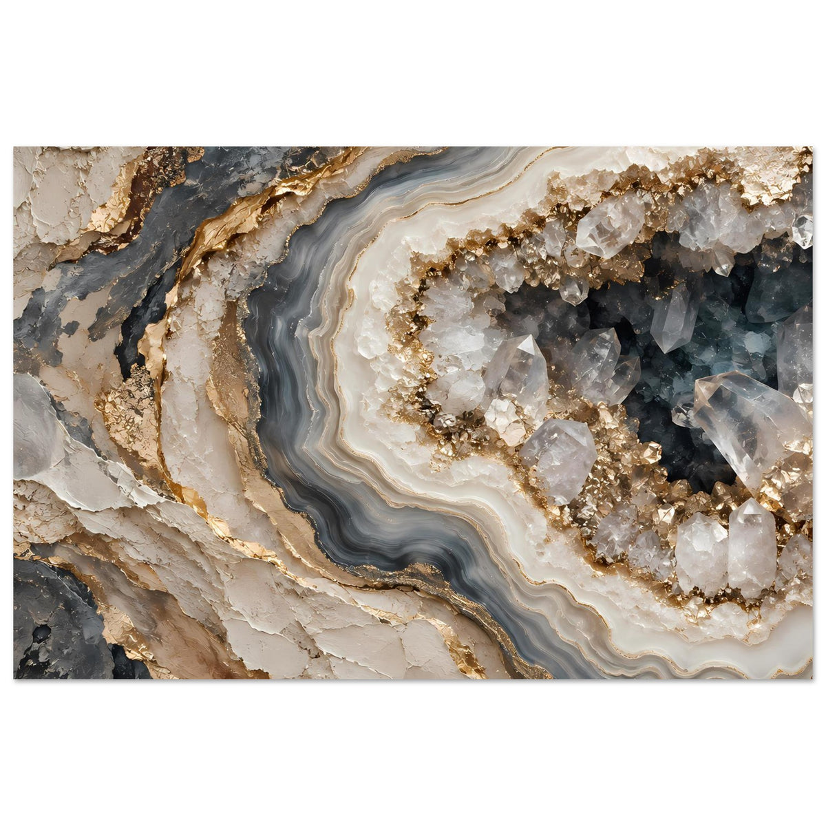 Geoden-Poster im Querformat mit dunklen graublauen Bereichen, hellen Ringen und goldenen Sprenkeln