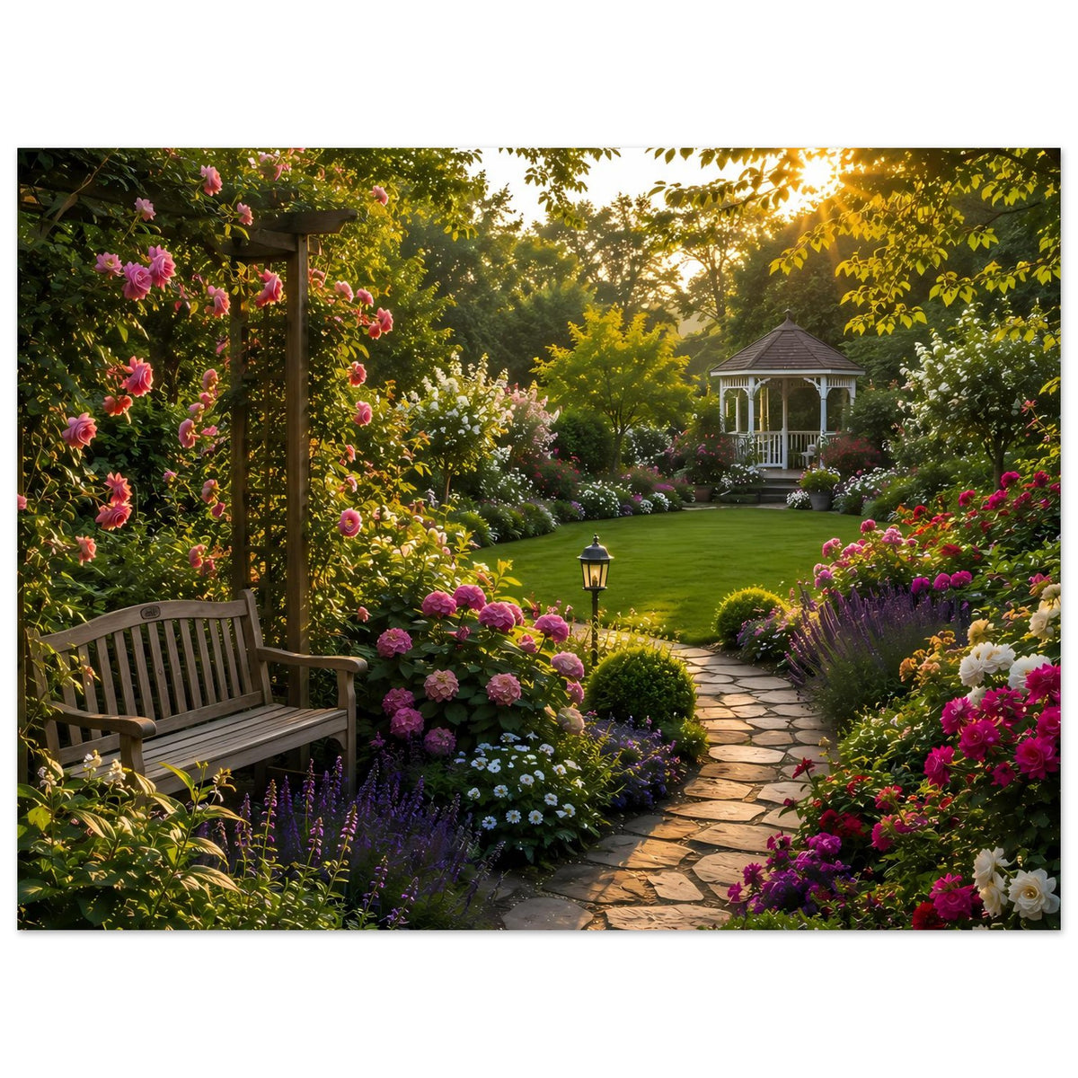 Gartenposter mit Rosenbeeten, Steinweg, Laterne und Pavillon im warmen Abendlicht