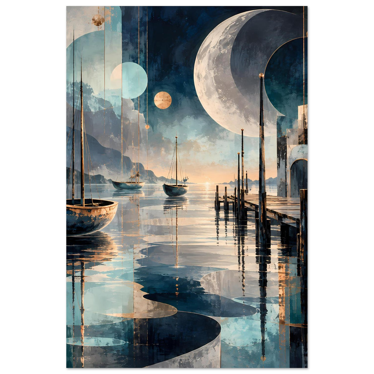 Vertikales Poster mit Mondüberhang, Segelbooten am Steg und Reflexionen im Hafenwasser