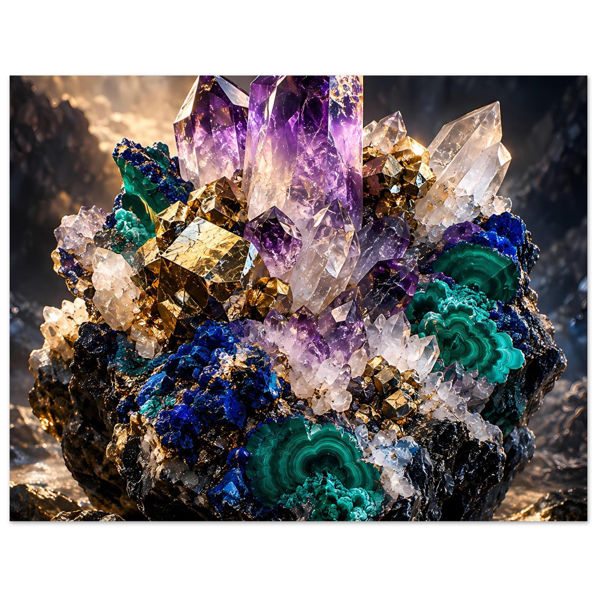 Kristallposter im Querformat mit violetten Amethyst- und grünen Malachitkristallen, schwarz gerahmte Ansicht