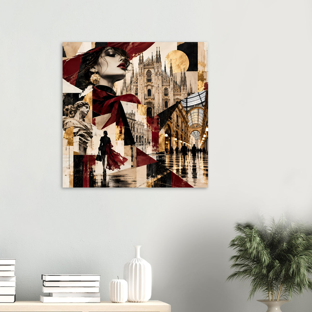Kleines Milano-Kollage-Poster mit Frau im Profil, burgundrotem Tuch, Dom im Hintergrund
