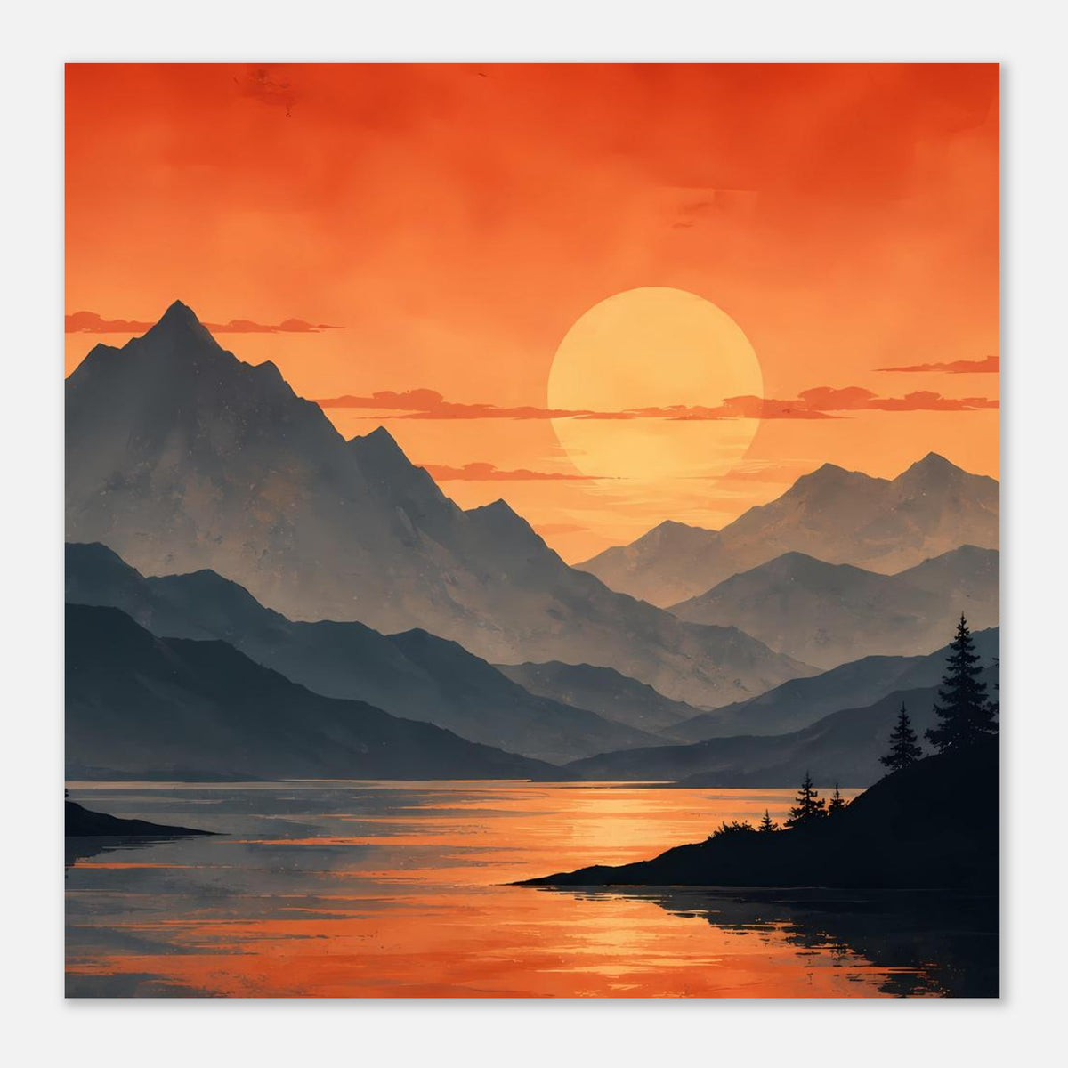 Poster mit orangefarbenem Himmel, Sonne über den Bergen und See mit Reflexionen