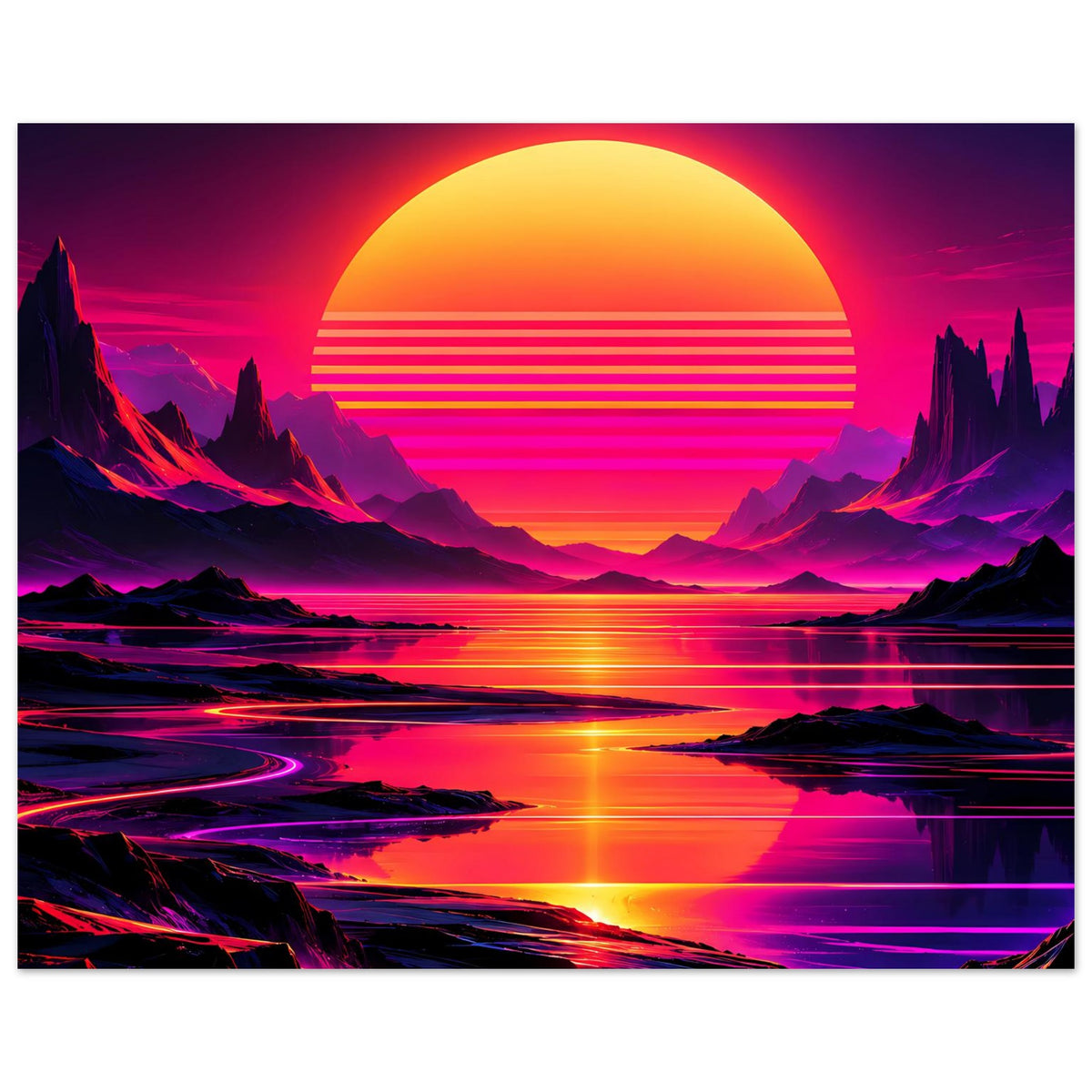 Neon-Poster im Querformat: retro Sonnenuntergang über Bergen und Wasser, kräftige Neonfarben