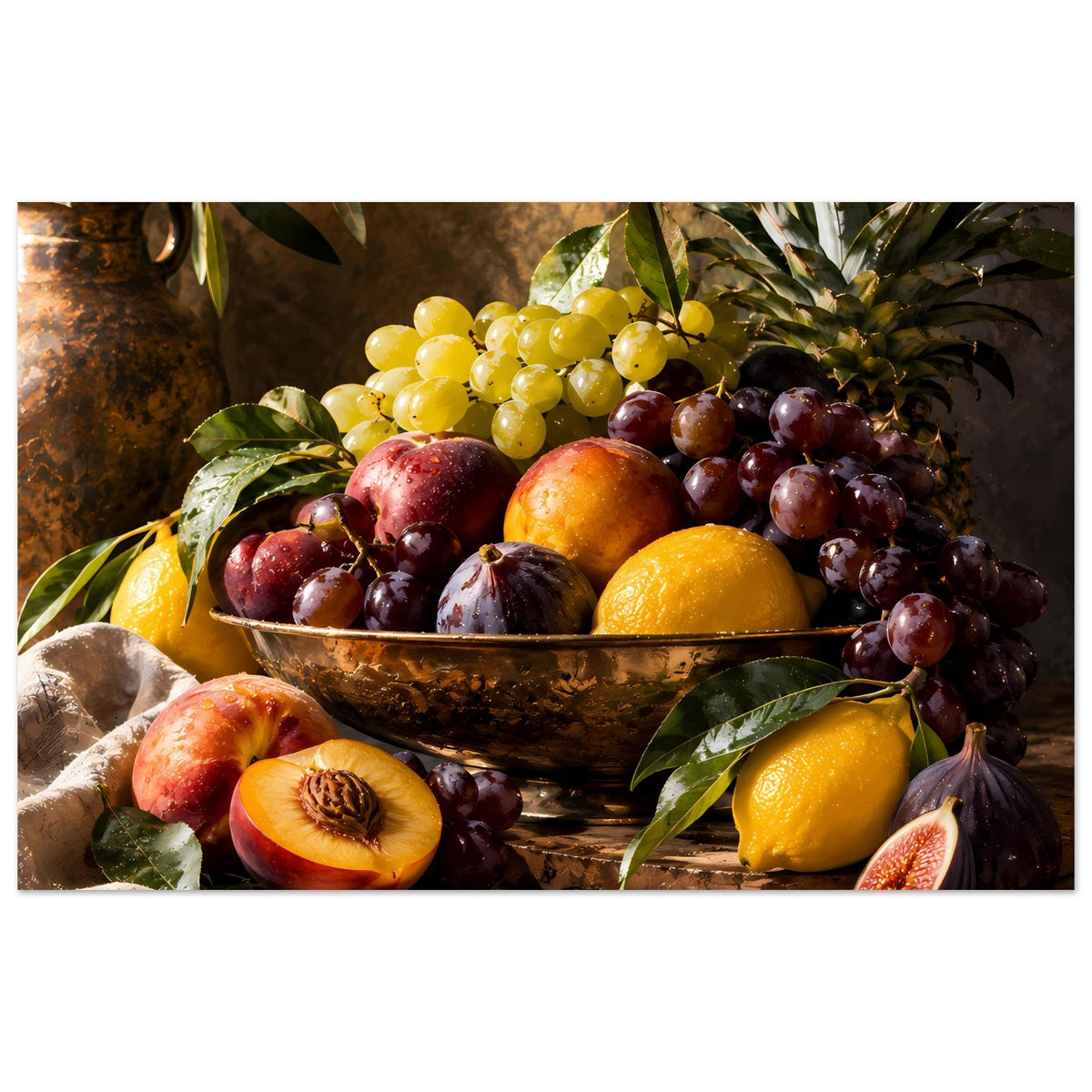 Obststillleben-Poster: Trauben in Schale mit Zitrus, Pfirsich und Feige