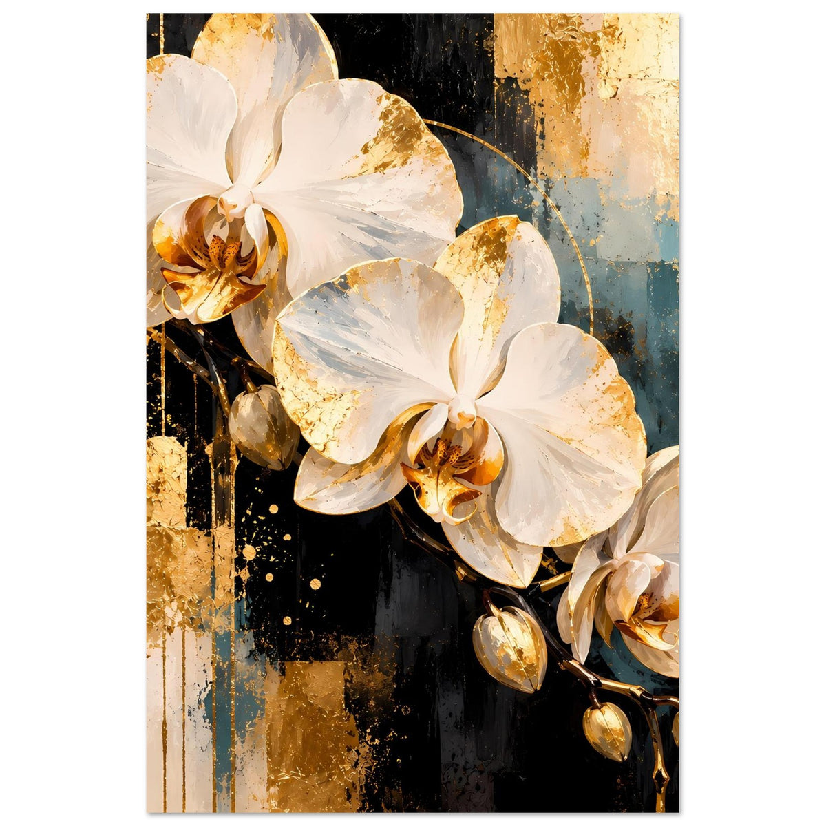 Hochkant-Poster mit weißen Orchideen und goldenen Details, Blumenmotiv mit Knospen