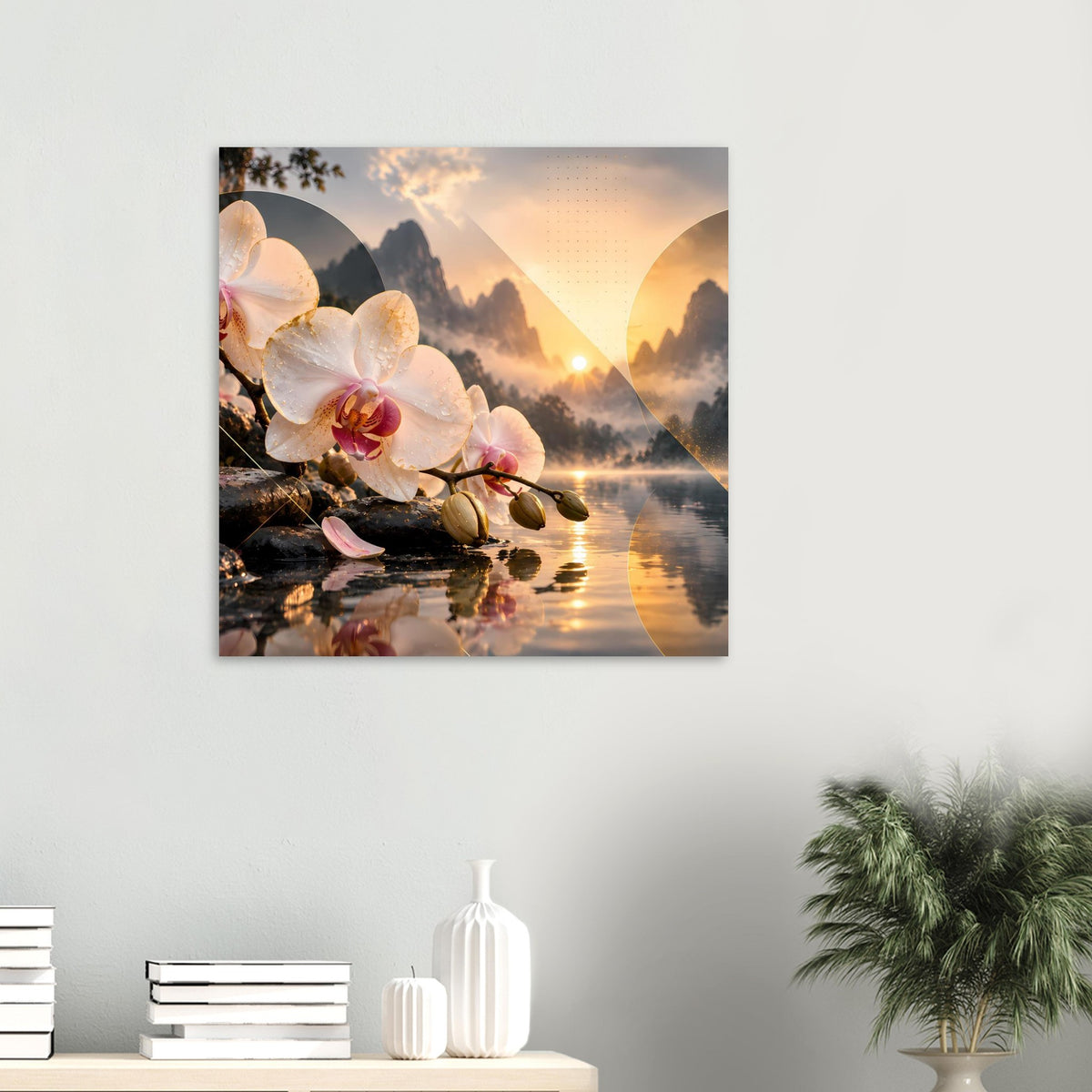 Blumenposter mit Orchideen am Wasser, Sonnenuntergang und Bergsilhouetten im Rahmen